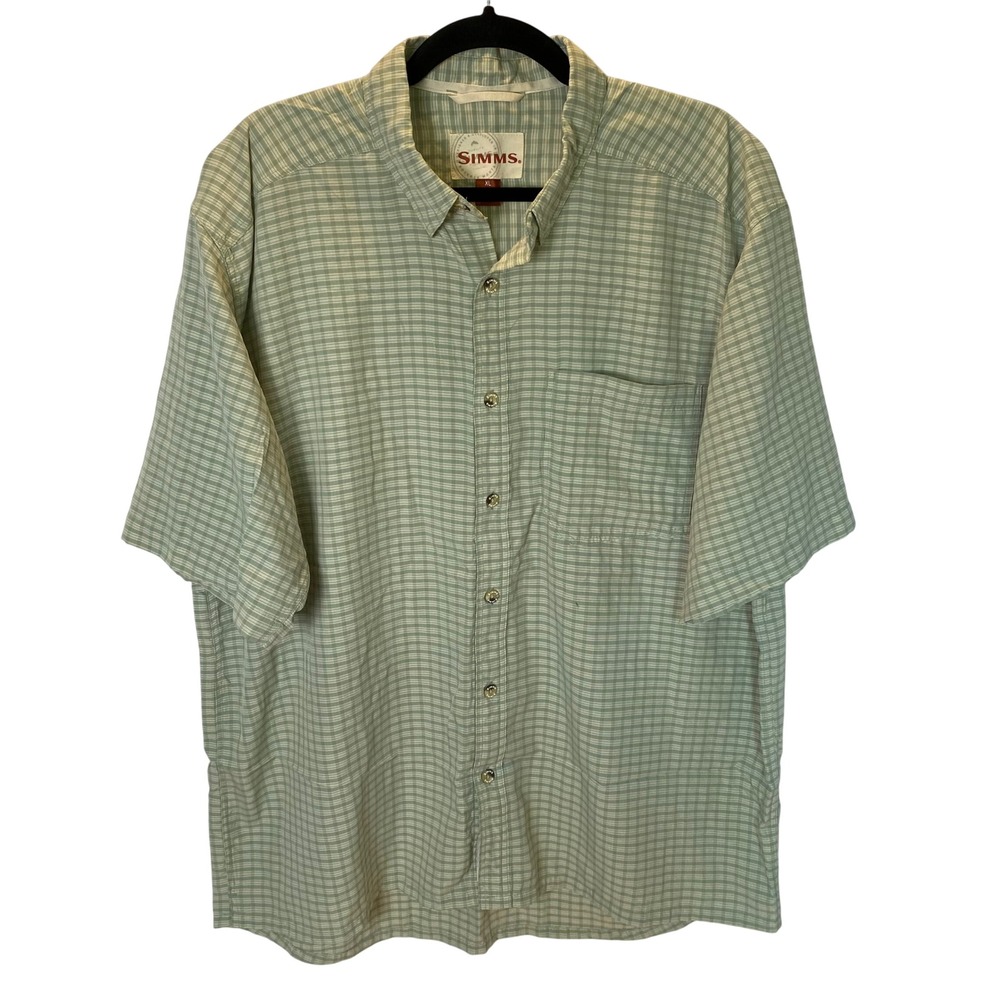 Simms Fishing Shirt Men XL Green Plaid Short Sleeve Button Down Gorpcore Outdoor